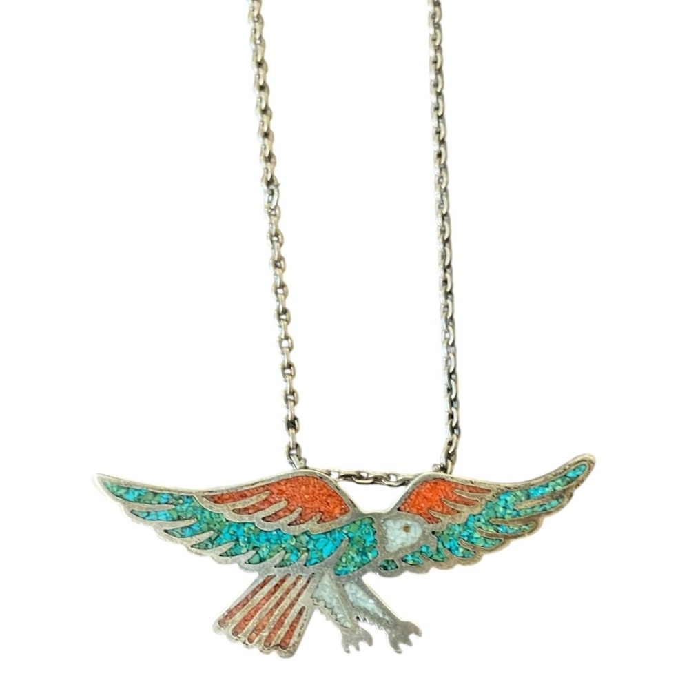 Vintage Silver Turquoise Coral Eagle Necklace - Picture 7 of 10
